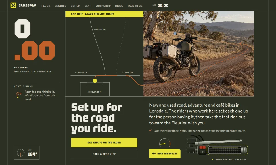The front page: a ruled roadbook row with a huge pencil tulip arrow leading onto a gravel range road where an adventure bike stands