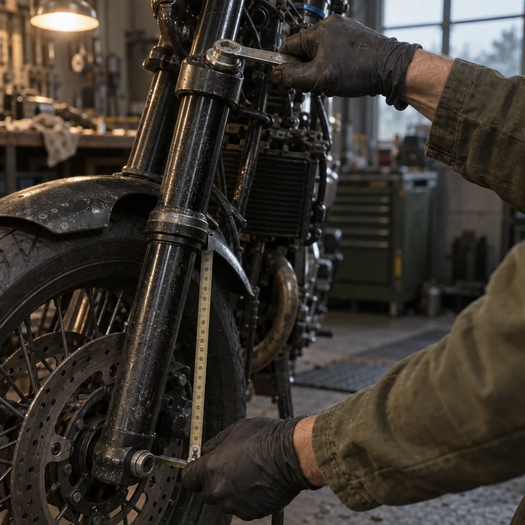 Gloved hands turning the preload adjuster on a fork leg with a spanner, a tape measure hooked on the axle.