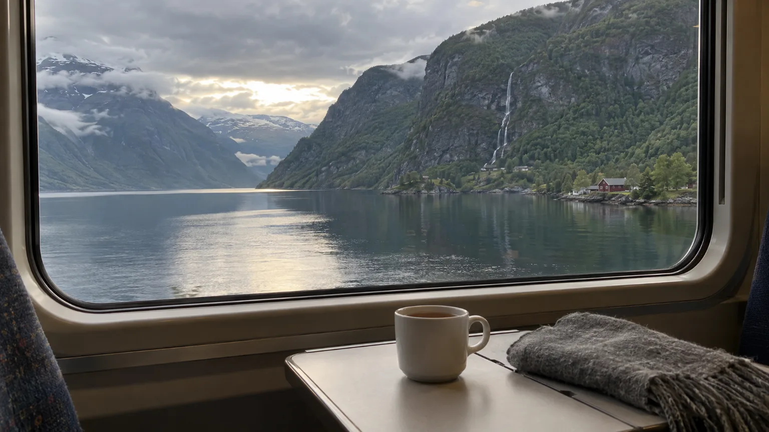 A fjord on the Norwegian coast seen from a train seat, a cup of tea on the table by the window