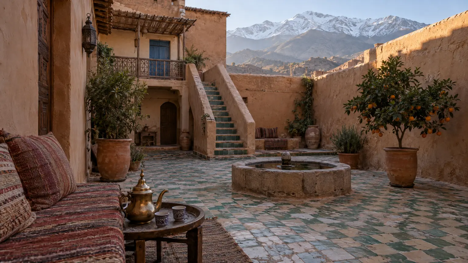 A tiled courtyard house in a High Atlas valley in early sun, a stair rising to a blue-shuttered door and snow on the ridge beyond