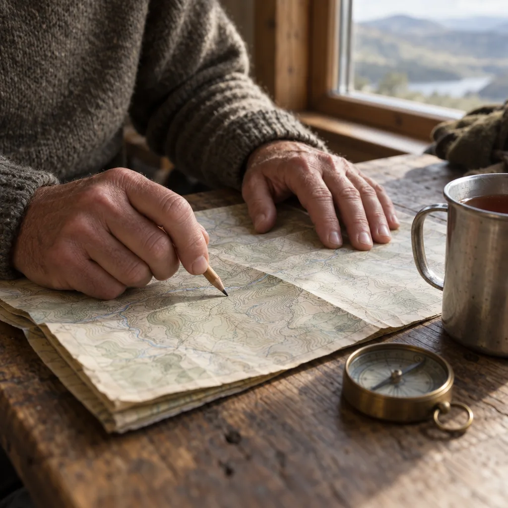 A guide&rsquo;s hands on a folded walking map with a pencil, a small brass compass and a cup of tea beside it