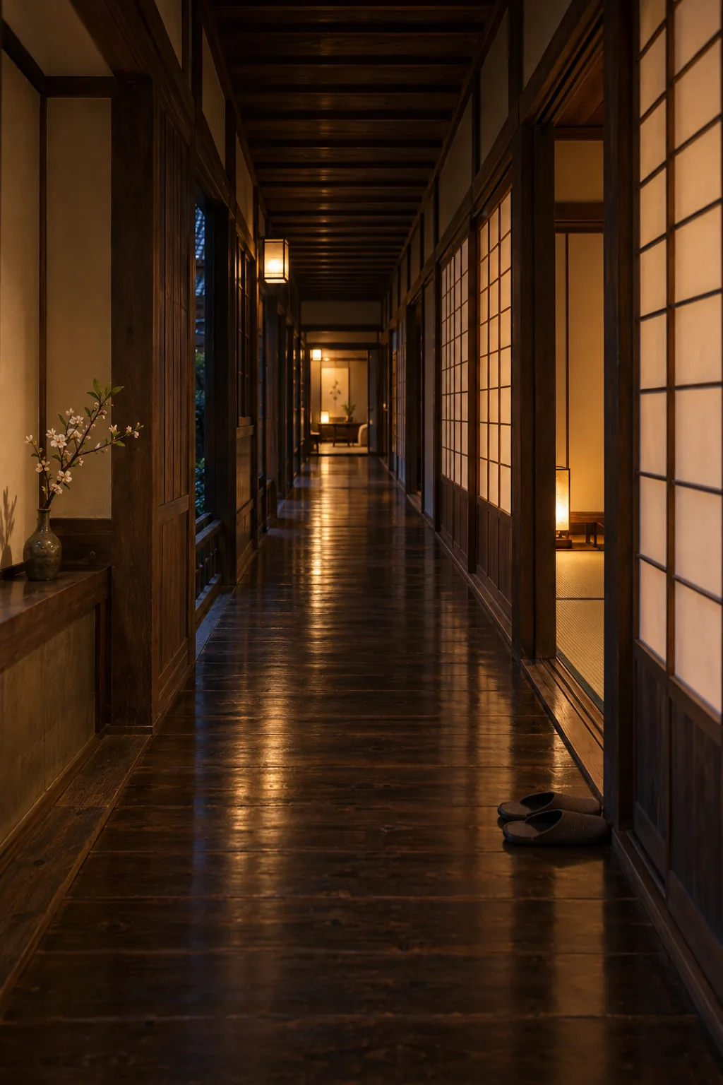 A polished timber corridor in a Japanese country inn, paper screens glowing, slippers by a door and one lit room at the end