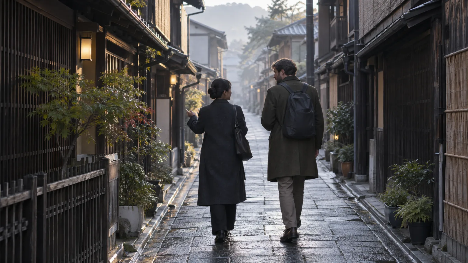 A guide and a traveller in long coats walking away down a quiet lane of timber townhouses in Kyoto, early morning