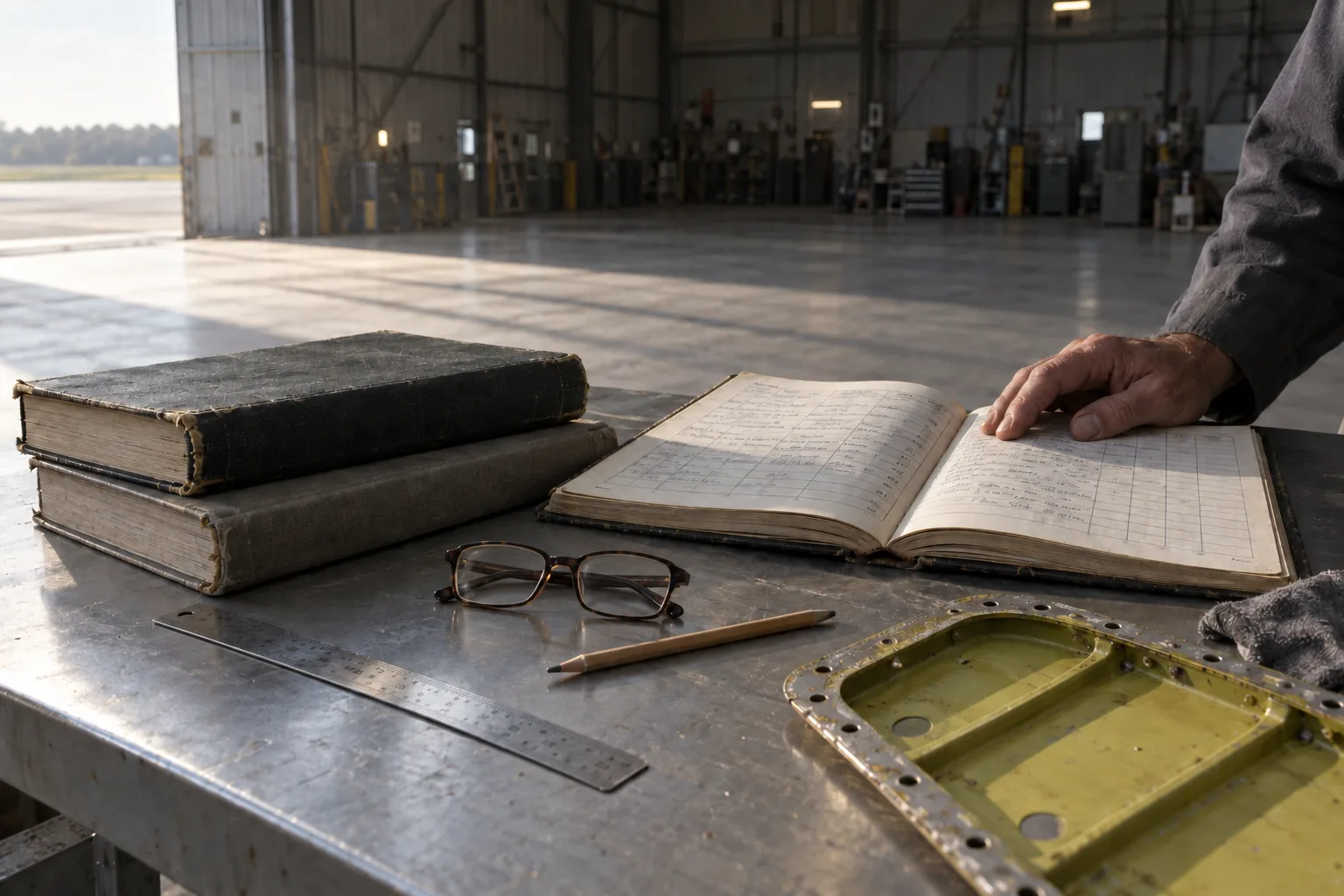 Worn aircraft logbooks on a steel bench beside an inspection panel primed yellow-green.