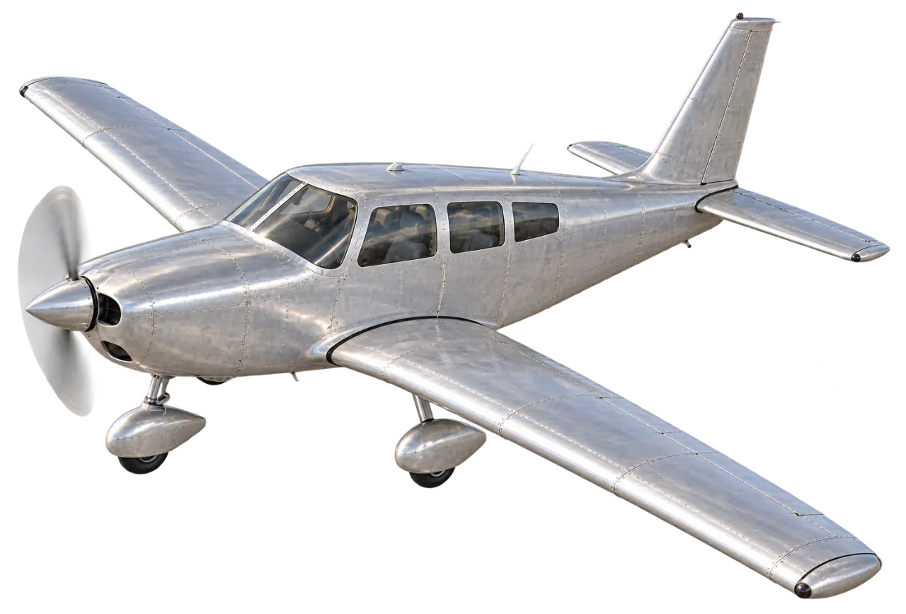 An unmarked bare aluminium four-seat low-wing aeroplane in flight, seen from a chase aircraft above its left wing.
