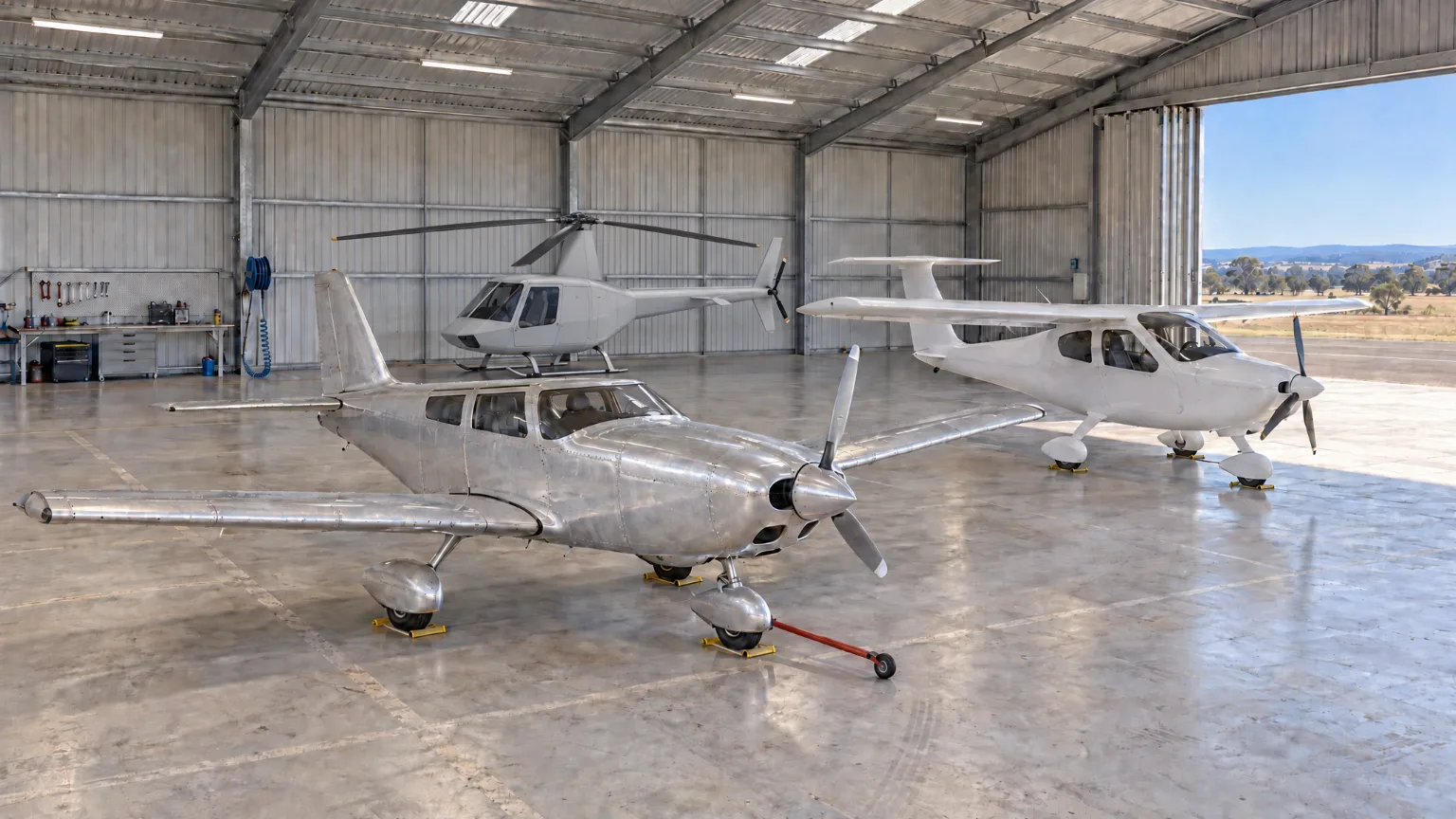 Three unmarked aircraft on a hangar floor, the ribbed doors pushed open to the daylight.