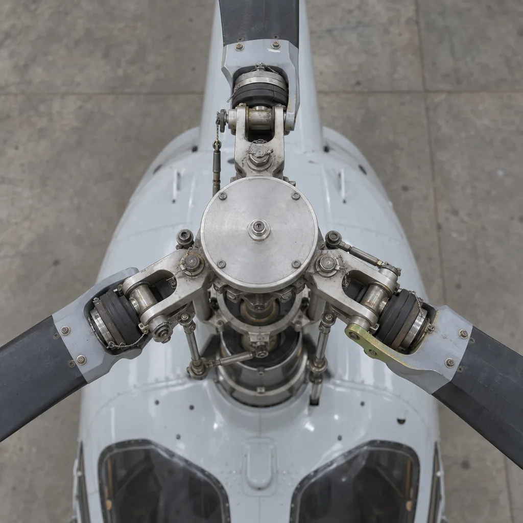 The rotor head of a small helicopter from above: blade grips, pitch links and the swashplate.