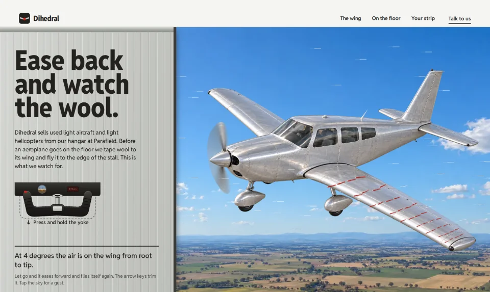 The front page: an aeroplane in flight with red wool on its wing, a condensed headline and a control yoke on the hangar door beside it