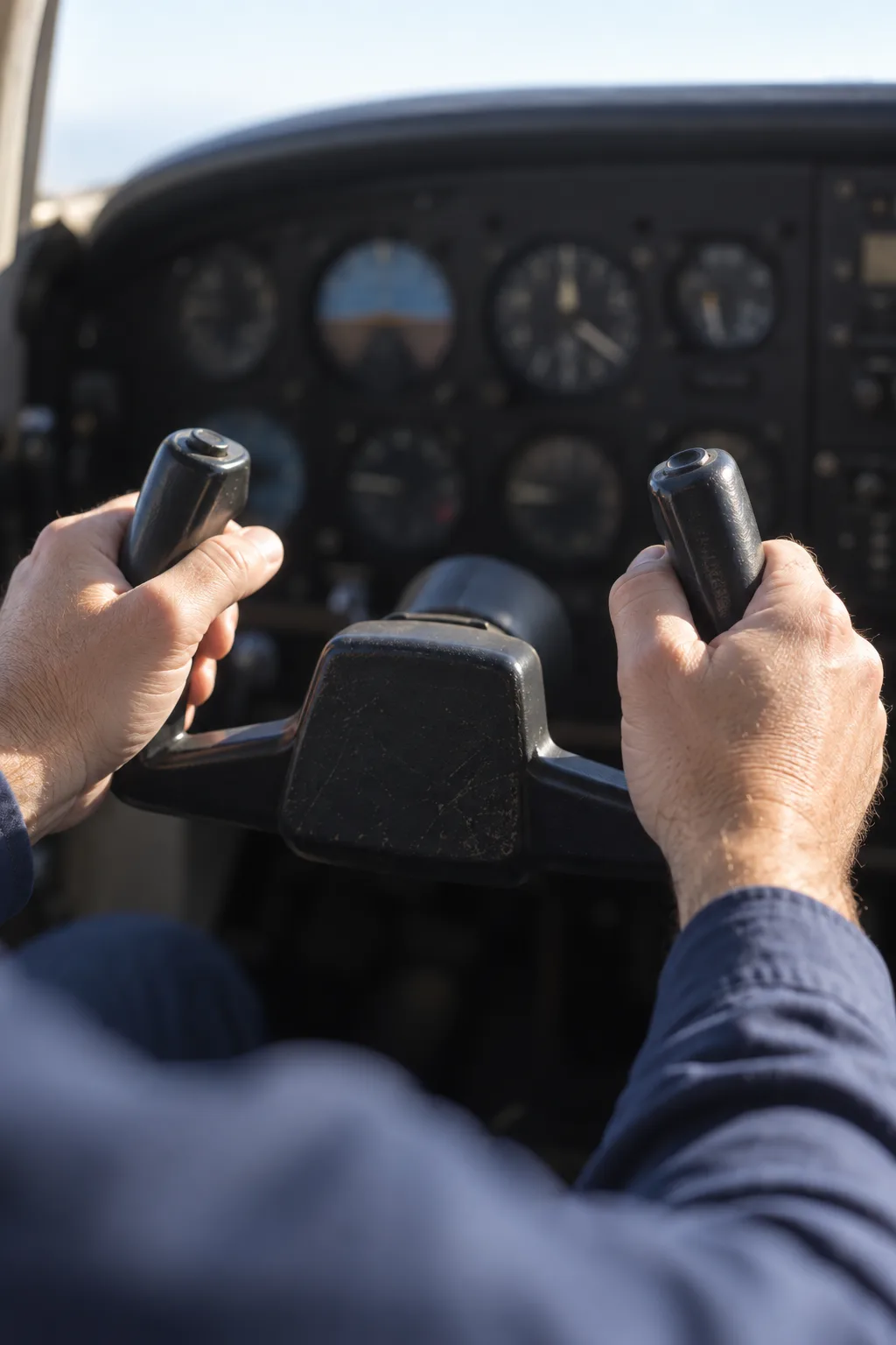 A pilot's hands resting lightly on the control yoke in flight.