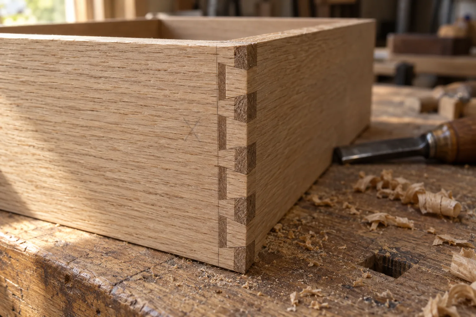 The corner of an oak drawer box, its dovetails cut by hand, with the marking lines still showing