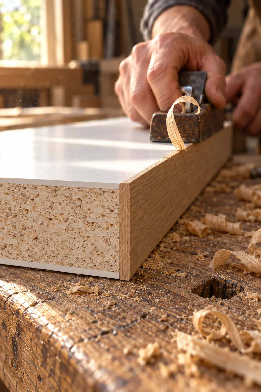 A small block plane trimming a thin oak edge band flush along a white board, a curl of oak lifting, the board core showing only at its cut end
