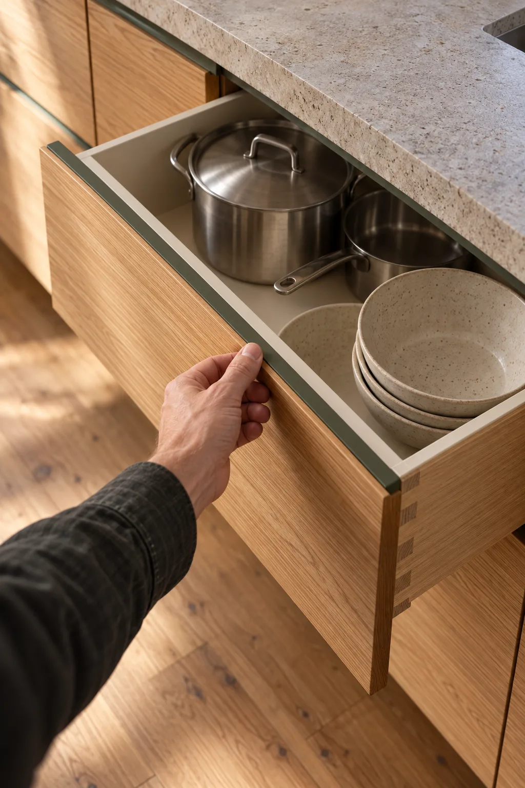 A hand pulling open a deep oak pot drawer by its green rail, the white lacquered box inside holding pots and bowls