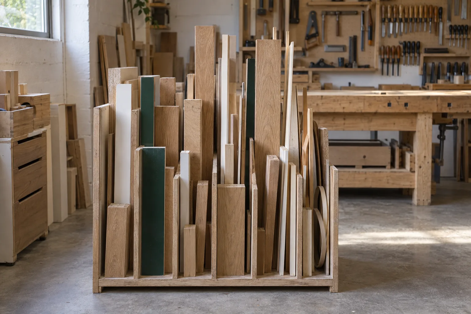 The workshop&rsquo;s offcut rack: oak, green and white board offcuts standing on end in timber slots