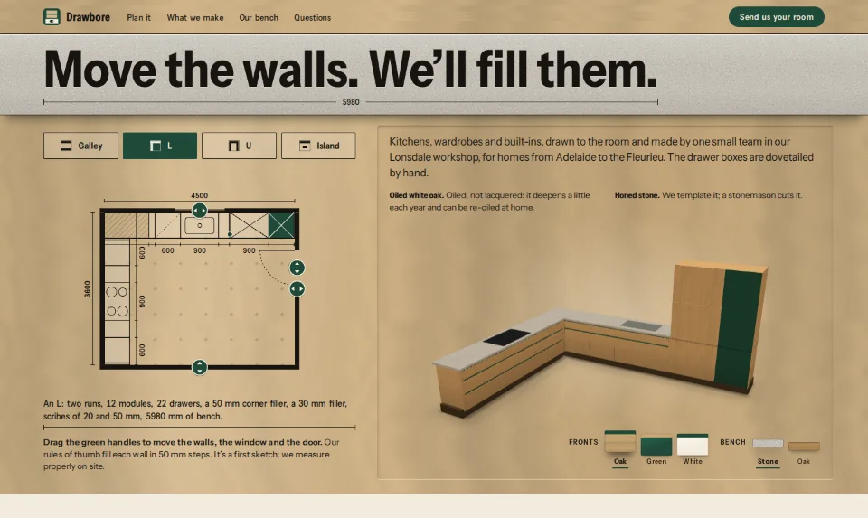 The front page: a stone bench edge carrying the headline, over a room plan and a 3D run of oak cabinets