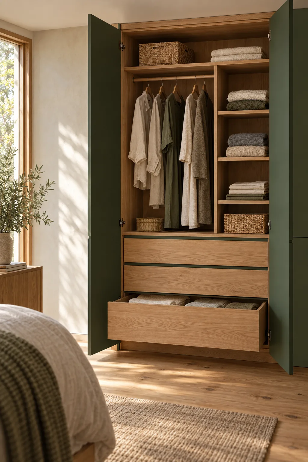 A built-in wardrobe with green doors open on an oak drawer bank, folded linen in the open bottom drawer and garments hanging above