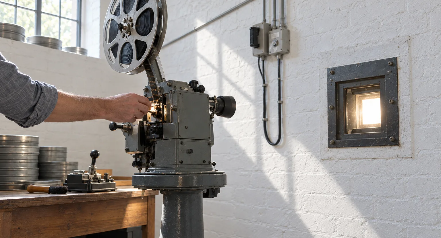 A forearm reaches in to thread film through the gate of an old grey projector in the box, the port glowing in the white brick wall