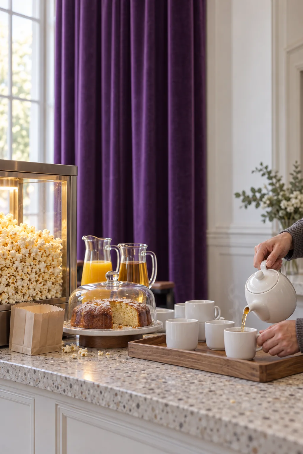 Hands pouring tea at the foyer counter beside fresh popcorn, juice and a cake under glass, an orchid velvet curtain behind