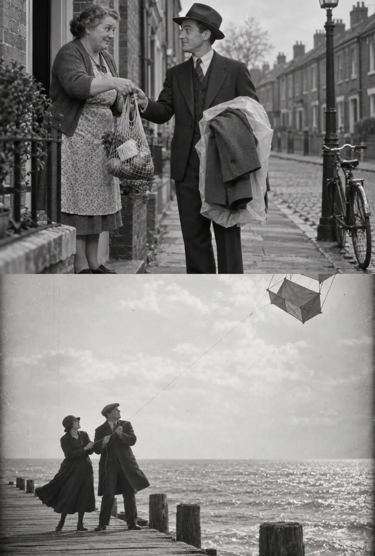 Black and white: a tailor carrying a wrapped coat on a terraced street is handed a string bag by a woman on her front step