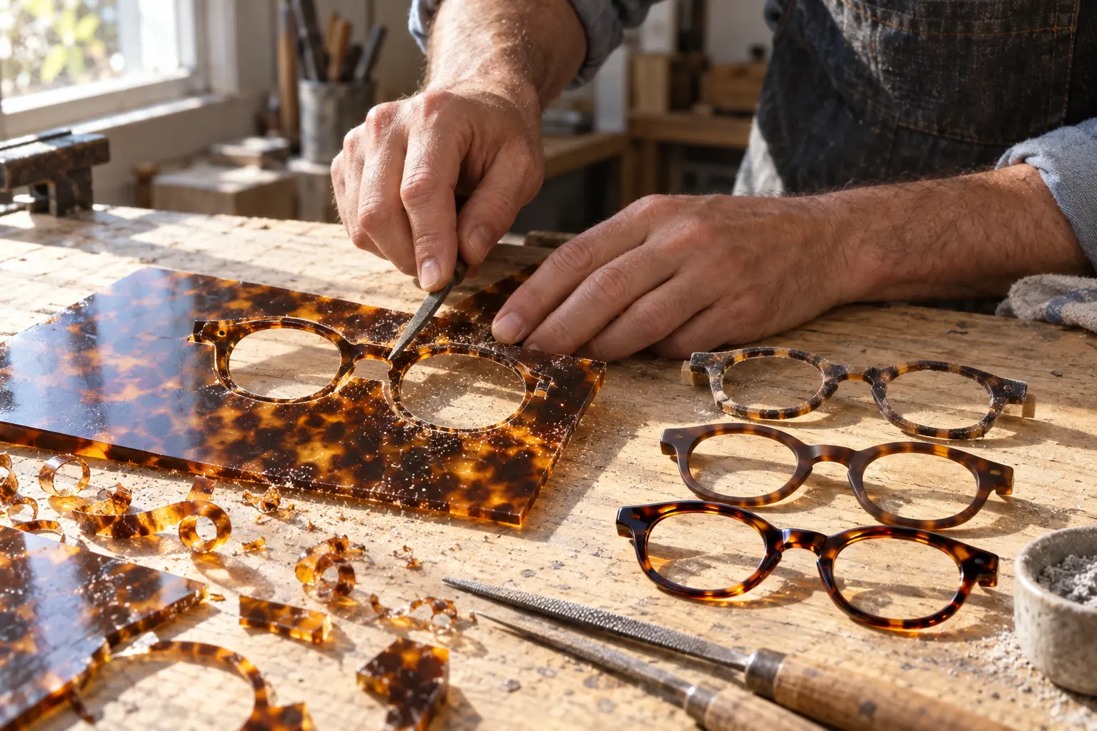 Hands filing the bridge of a tortoiseshell front still in its sheet, with rough, softened and polished fronts beside it on the bench