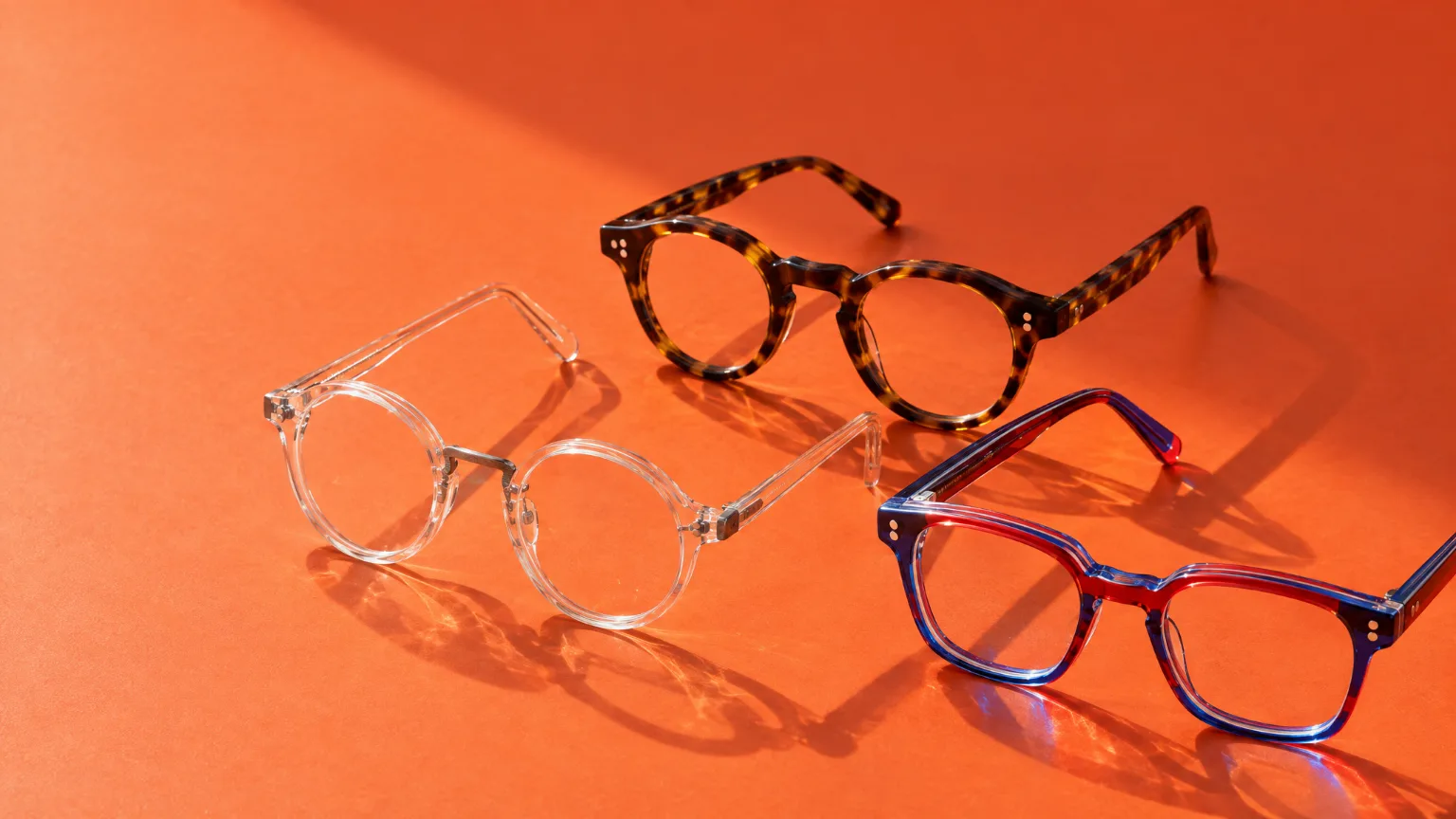 Three frames on an orange ground: a round one in clear acetate, a tortoiseshell panto with a keyhole bridge, and a square front in tomato, clear and cobalt layers