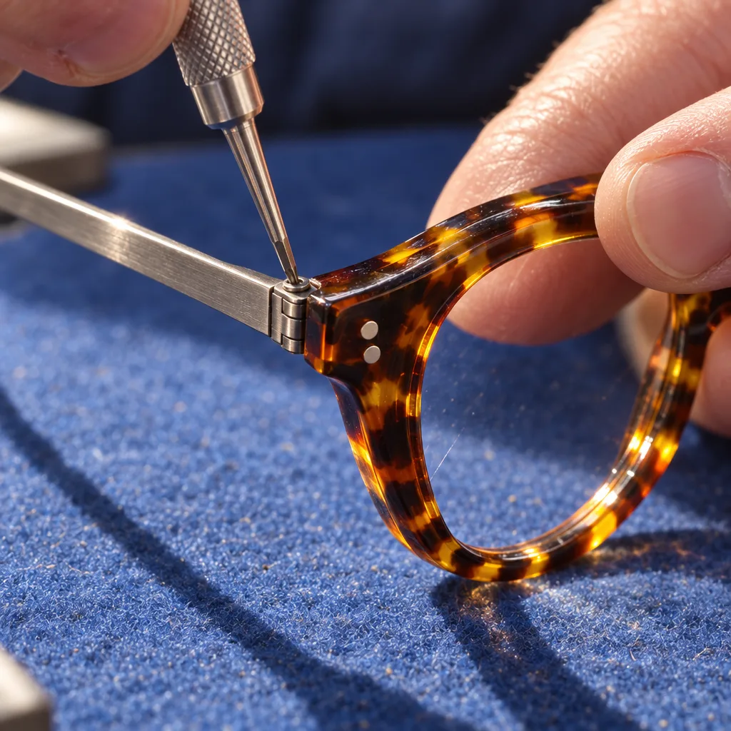 A tiny screwdriver on the hinge where a brushed titanium temple meets a tortoiseshell front, on cobalt felt