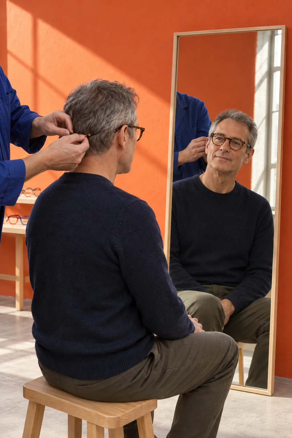 At the showroom mirror, a fitter&rsquo;s hands bend a tortoiseshell frame&rsquo;s temple behind a seated man&rsquo;s ear
