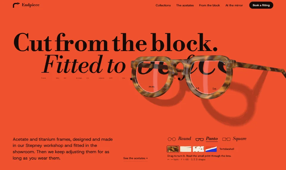The front page: a tortoiseshell frame turning over the words Cut from the block on a tomato ground