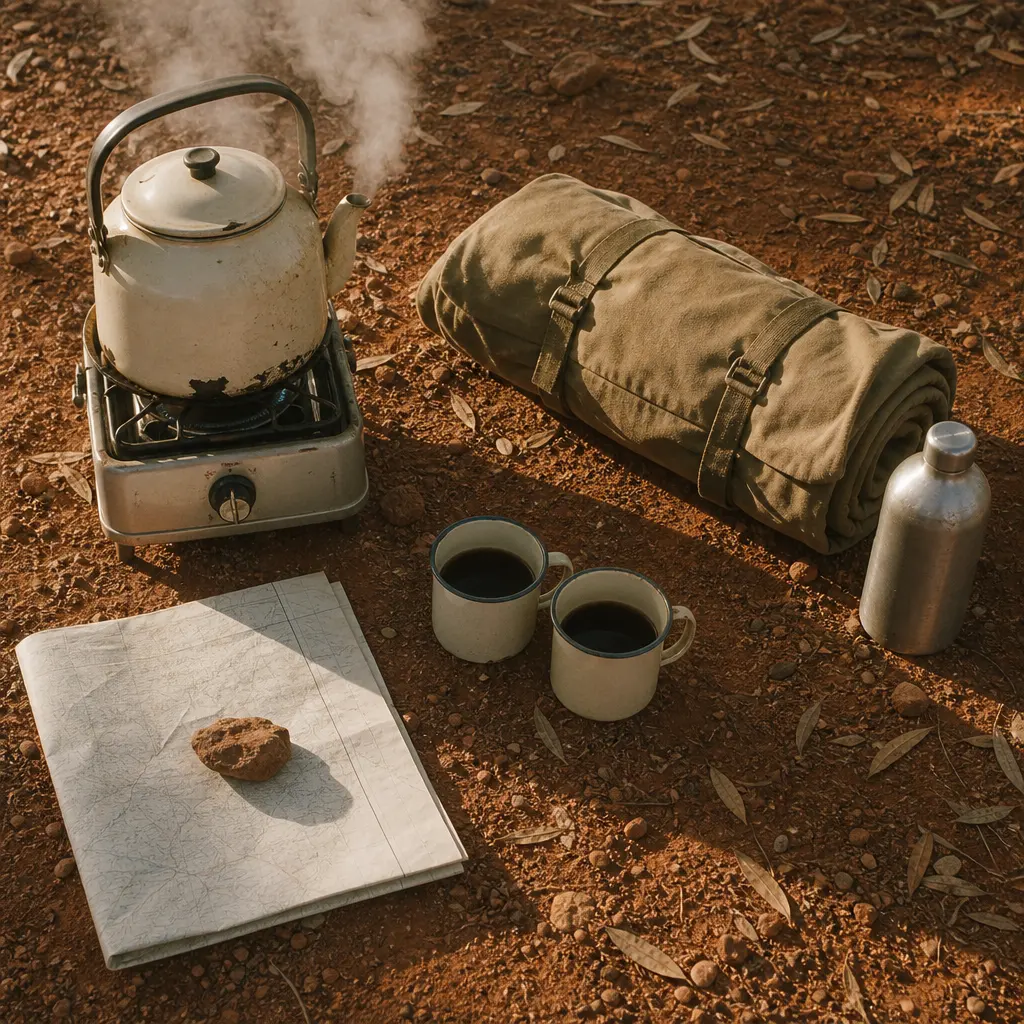 An enamel kettle steaming on a gas stove beside two mugs of tea and a folded map on red earth