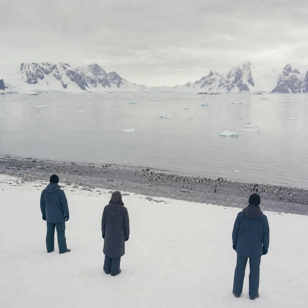 A penguin colony small on a dark shingle beach, seen from far up the snow, where three travellers stand well apart and well back