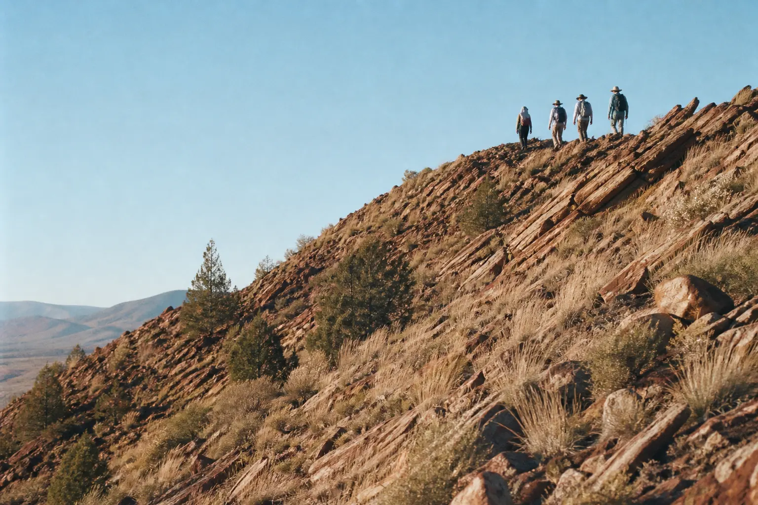 A long quartzite ridge in early light, four walkers small on its crest, one in a hijab