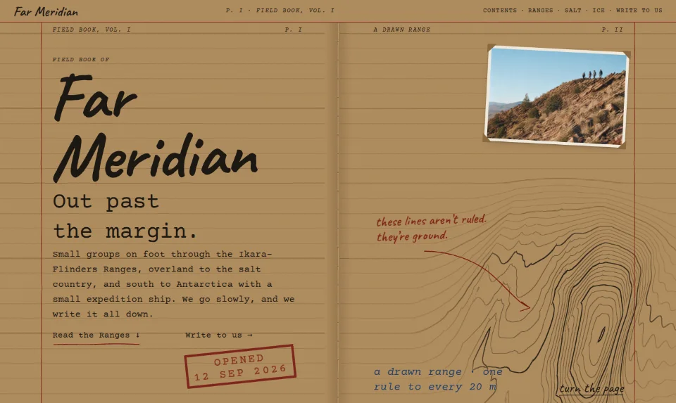 Far Meridian's front page: an open kraft notebook, the name handwritten on the left page and ruled lines rising into inked contours on the right