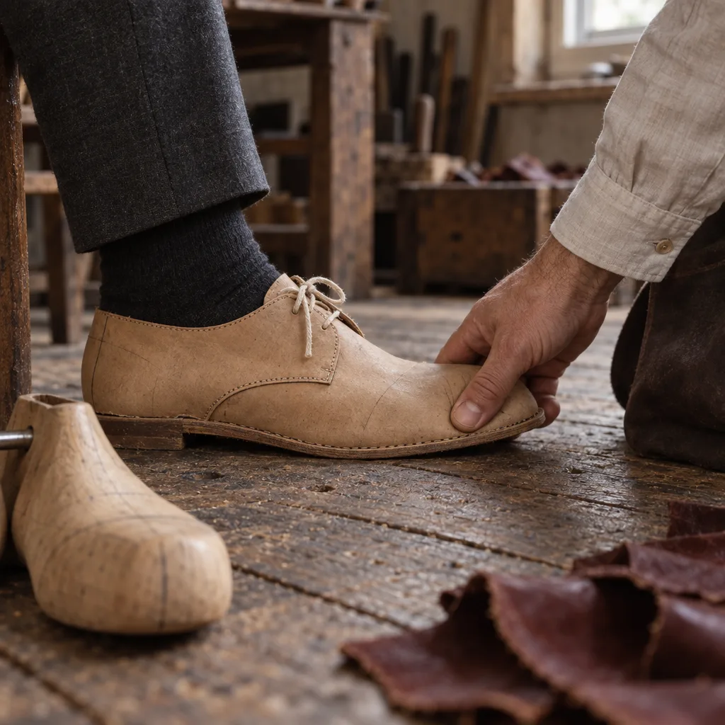 At a fitting, the shoemaker&rsquo;s thumb presses the toe of a plain tan trial shoe to find where the toes sit.