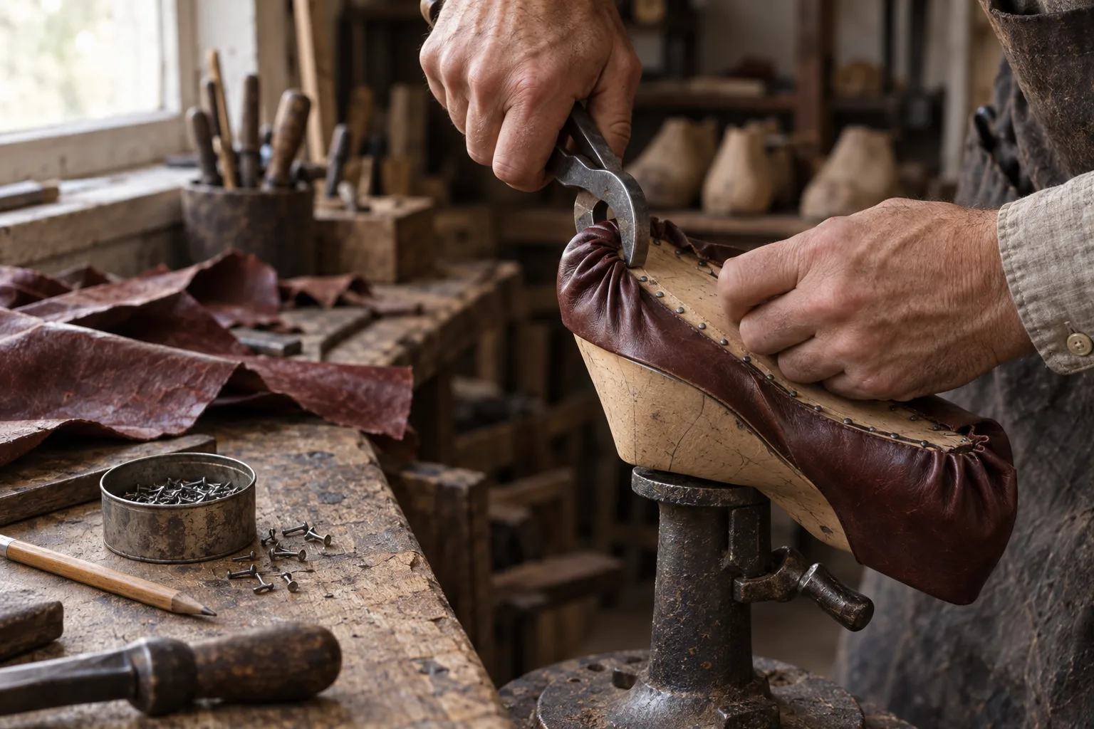 Two hands pull a red-brown calf upper over a beech last with lasting pincers, tacks along the insole.