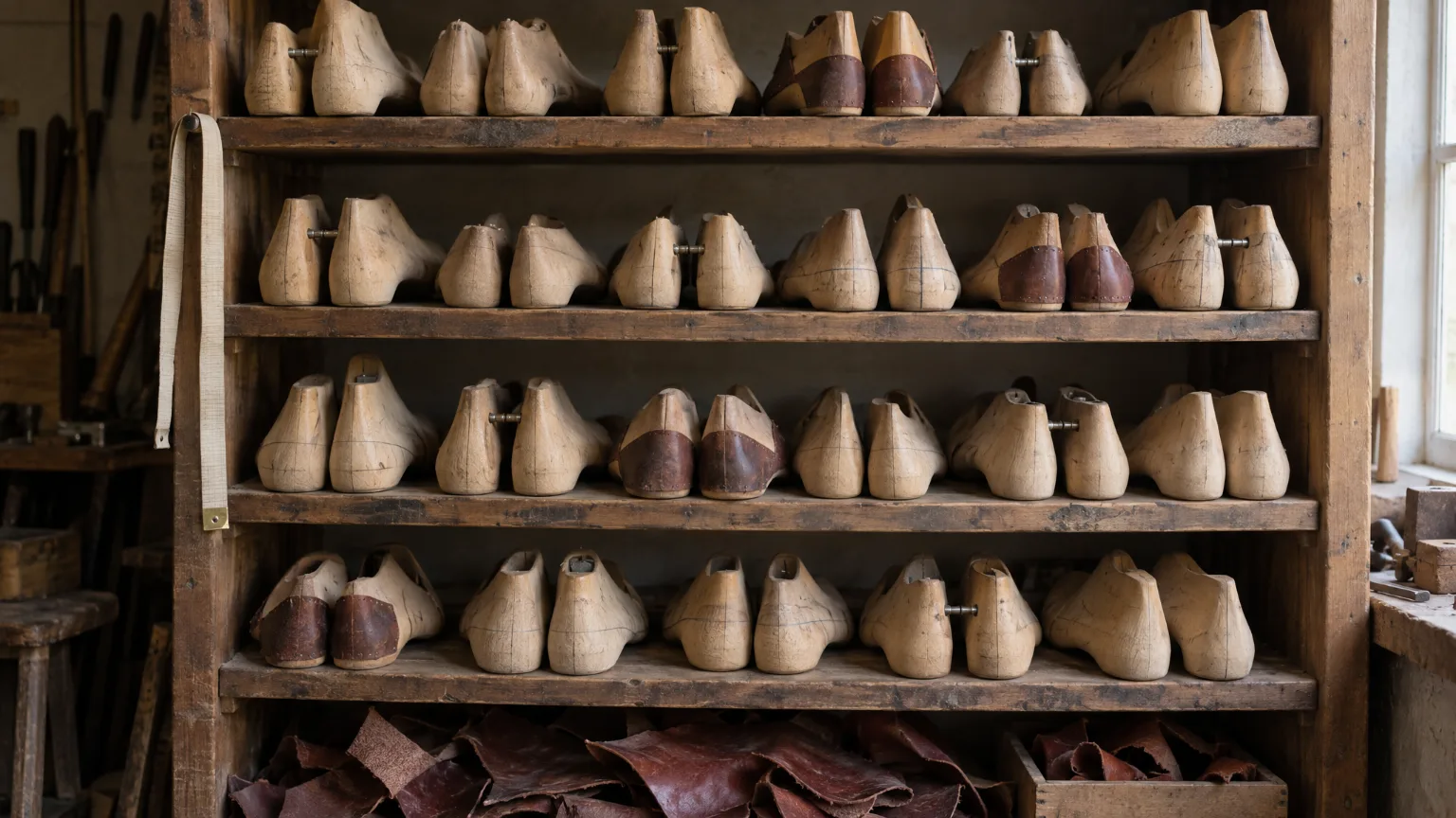 Pale beech shoe lasts standing in pairs on the workshop shelves, each pair a slightly different shape.