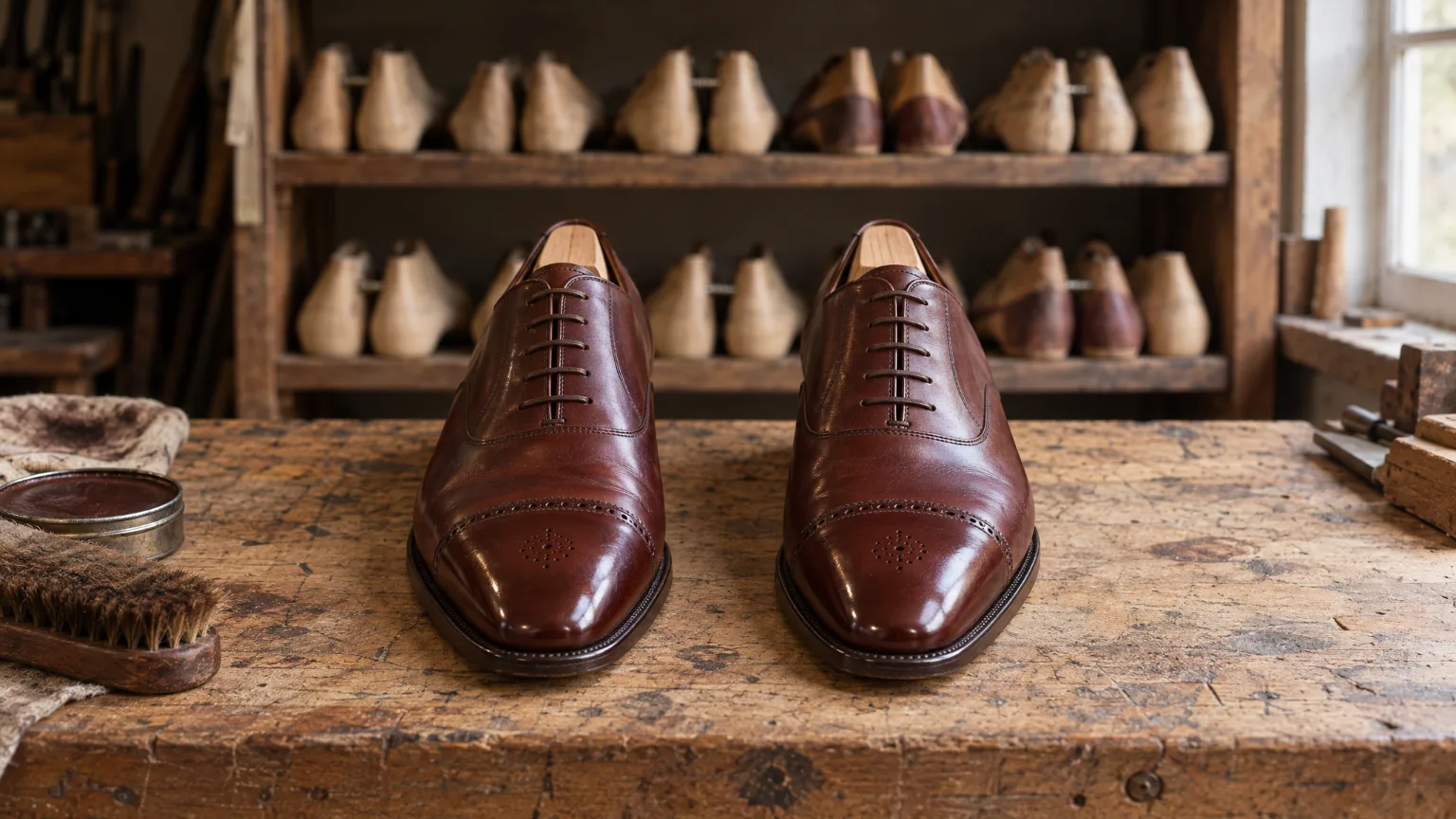 A finished pair of red-brown cap-toe shoes side by side on the bench, each cap punched with a rosette, lasts on the shelves behind.