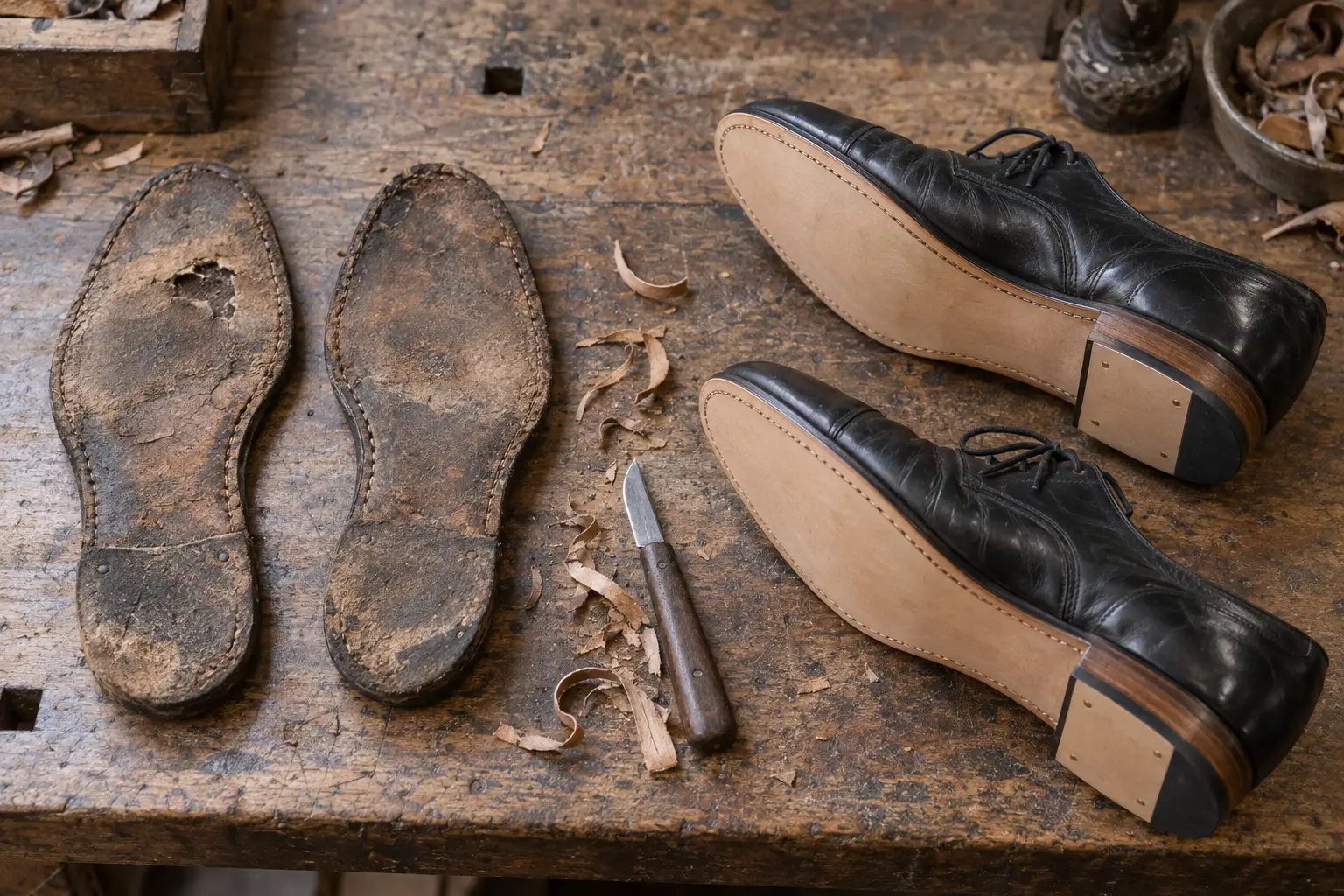Worn-through leather soles on the left; the same black shoes on the right with new soles and heels.