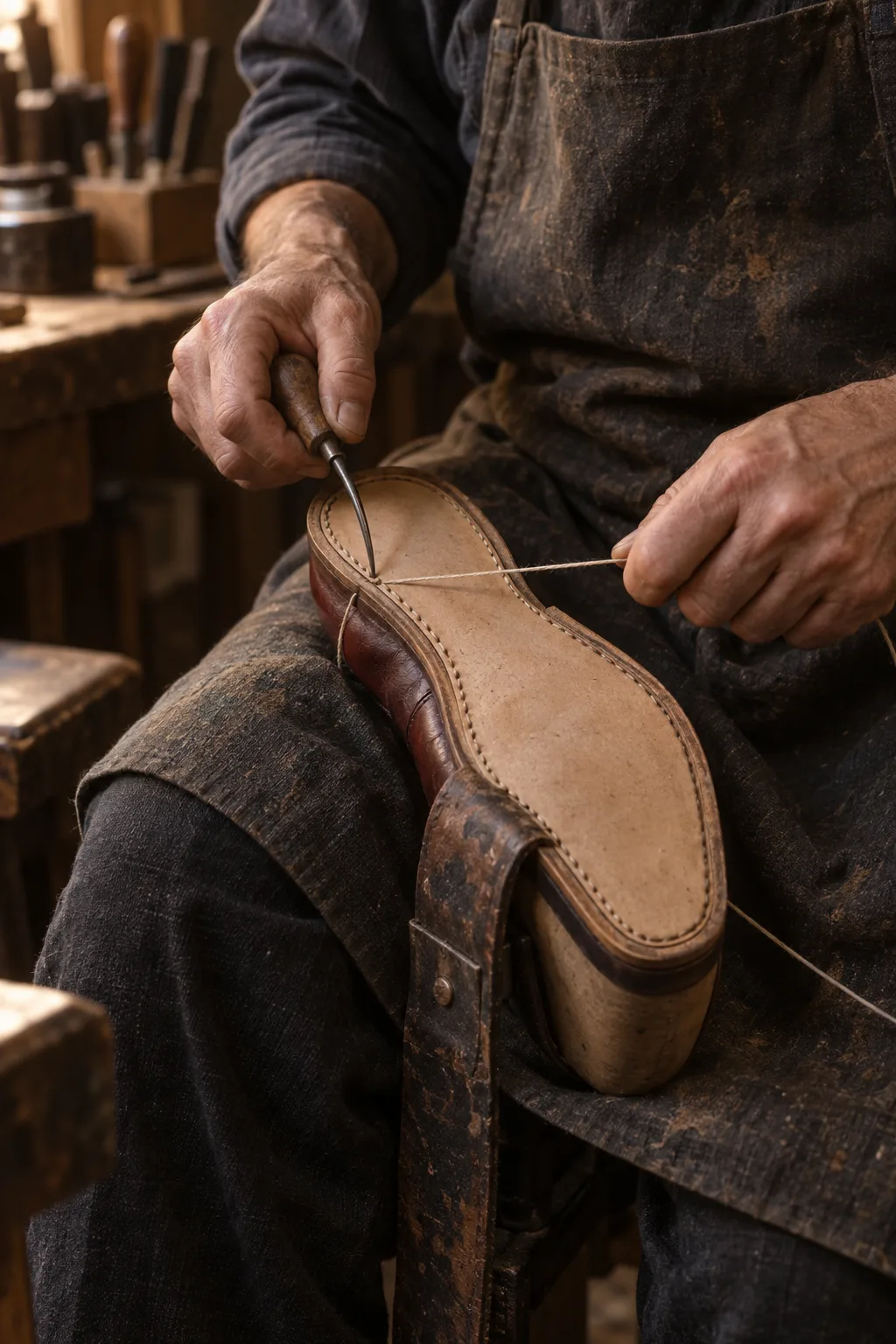A sole being sewn by hand: waxed thread drawn tight, an awl in the other hand, the shoe strapped to the knee.
