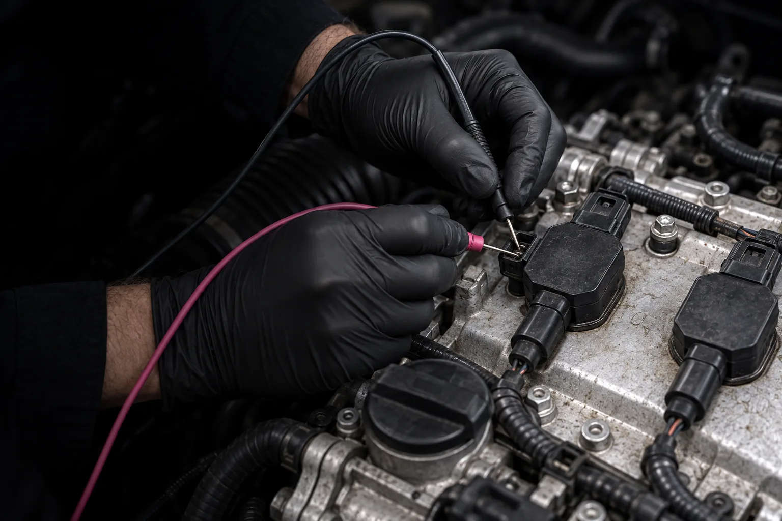 Gloved hands back-probing a small wiring connector on an ignition coil with two fine needle probes
