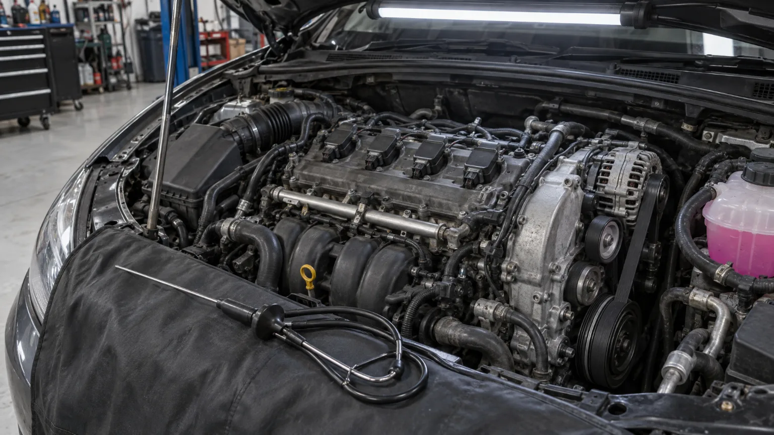An open engine bay seen from the front wing: a stethoscope resting on the fender cover, the bonnet propped, and at the end of the engine the belt run with its alternator, idler and water pump pulley beside a tank of pink coolant