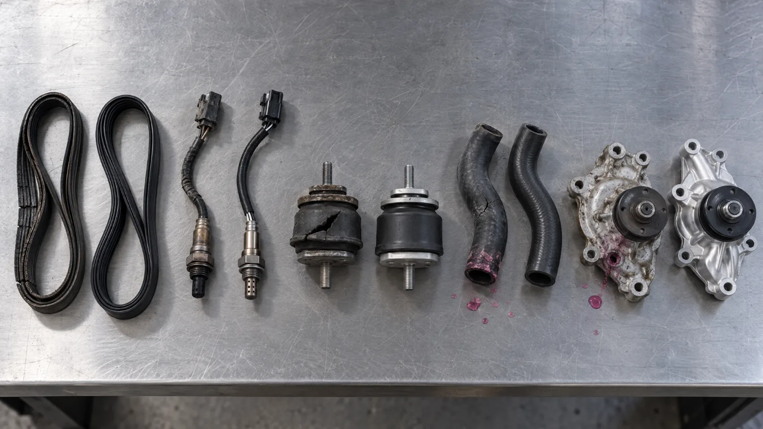 Five worn parts beside their new replacements on a steel bench: a drive belt, an oxygen sensor, an engine mount, a coolant hose and a water pump