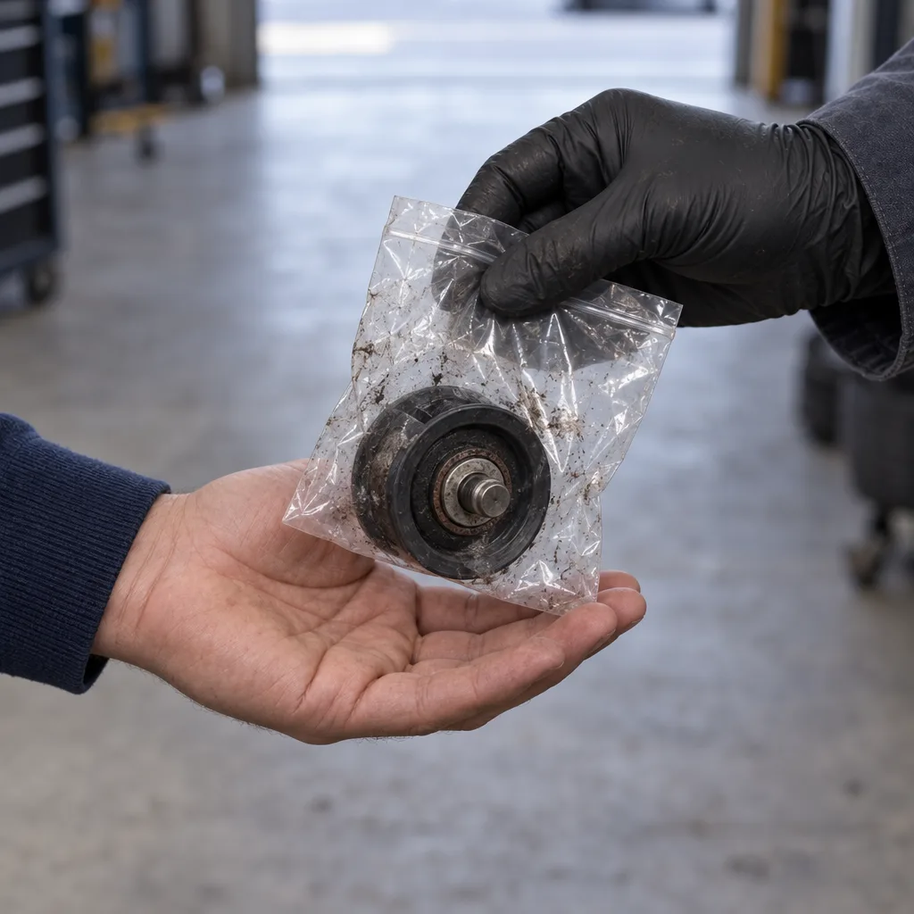 A gloved hand placing the worn idler pulley, sealed in a clear bag, into an owner's open palm