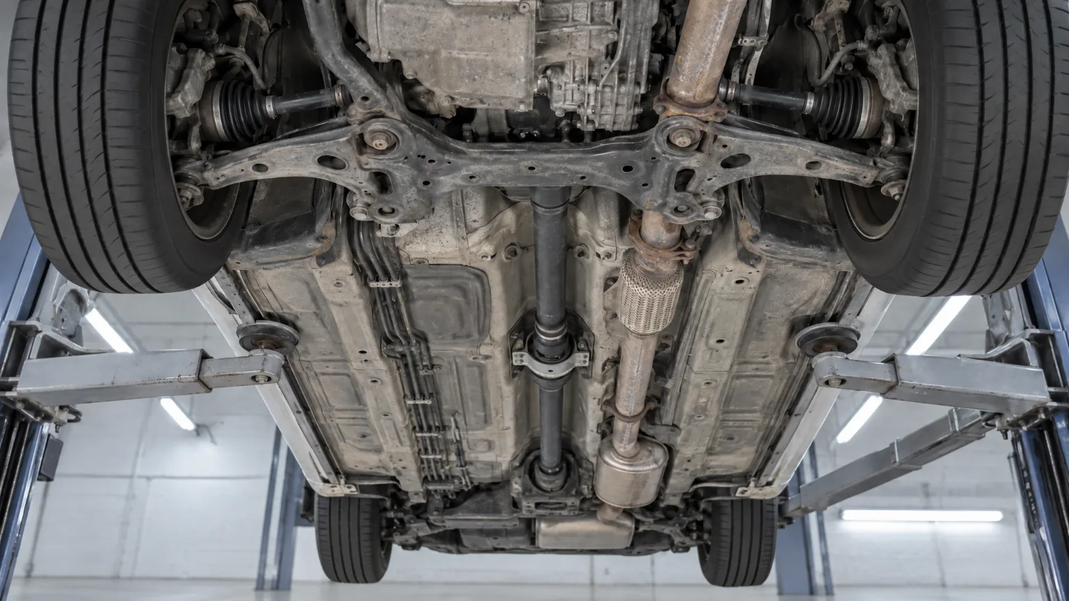 The underside of a car on a two-post hoist: wheels, driveshafts with their boots, the subframe and the exhaust running back