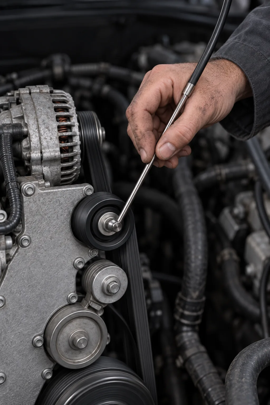 A mechanic's hand holding the steel probe of a stethoscope against the centre of the idler pulley