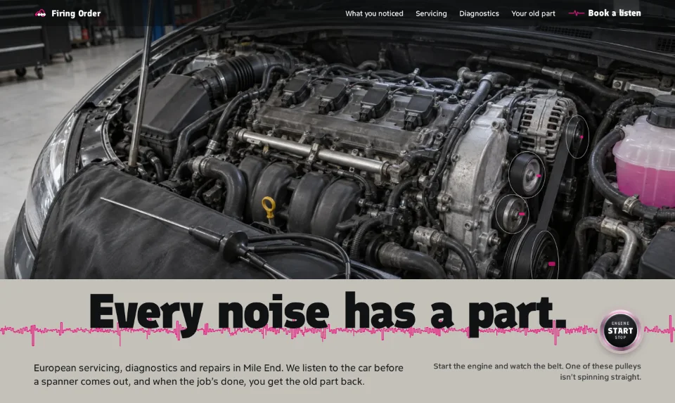 The front page: an open engine bay seen from the wing, a stethoscope on the fender cover, and the words Every noise has a part on a pink trace