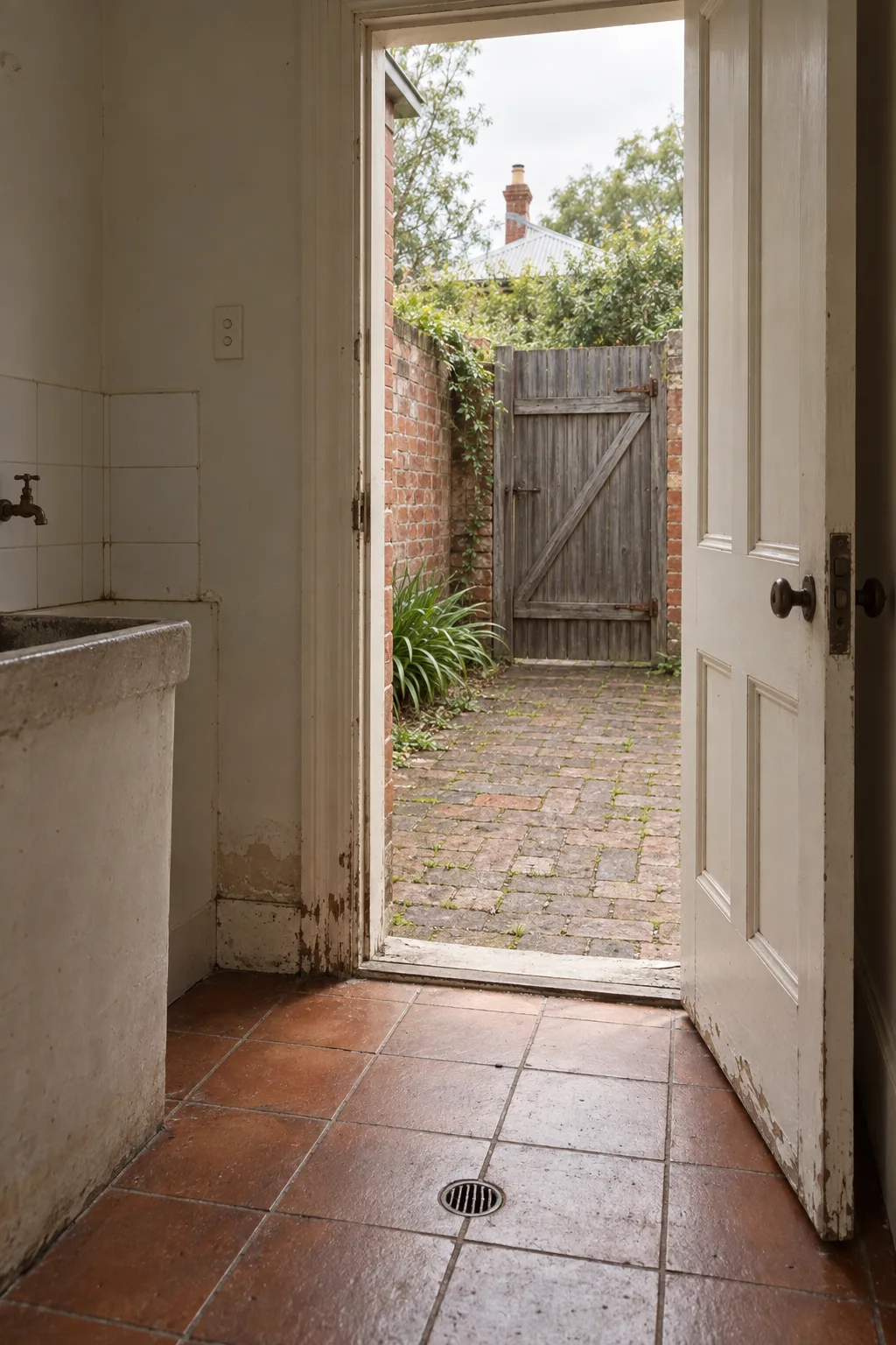 An open back door seen from a tiled laundry, damp marks at the foot of the frame, a brick yard and side gate beyond