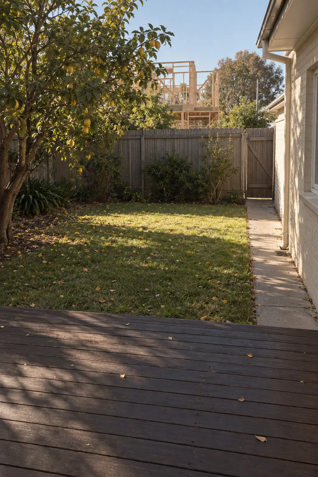 A small back lawn with low sun across its far half, a lemon tree, and a neighbour's new timber frame rising behind the fence