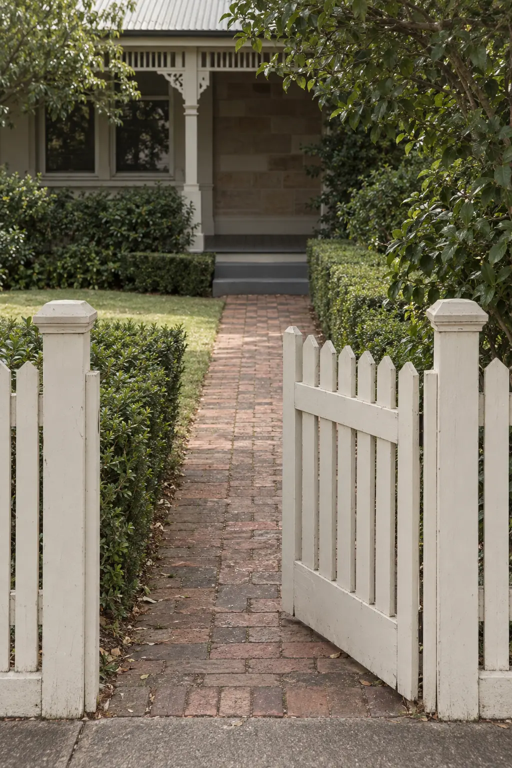 A low timber gate standing half open onto a brick path between clipped hedges