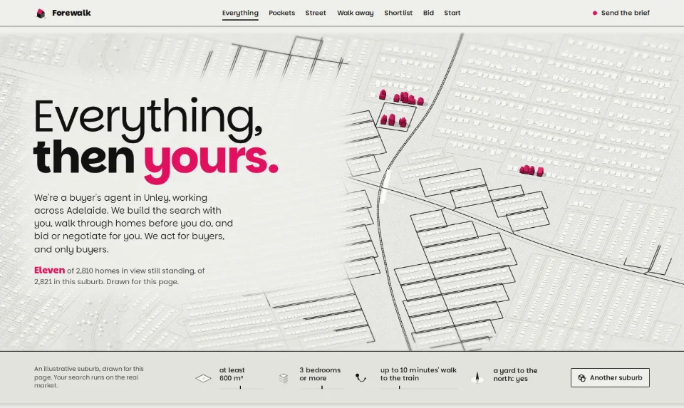 The front page: a white clay-model suburb from above, a few homes standing in pink