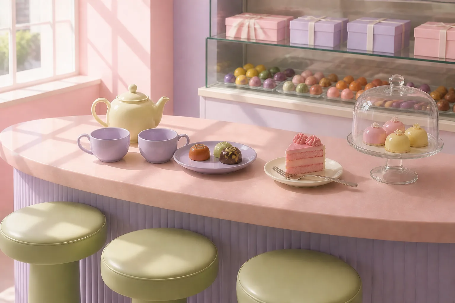 The tasting counter in morning light: pistachio stools, a lemon teapot, a plate of painted chocolates and a slice of pink cake.