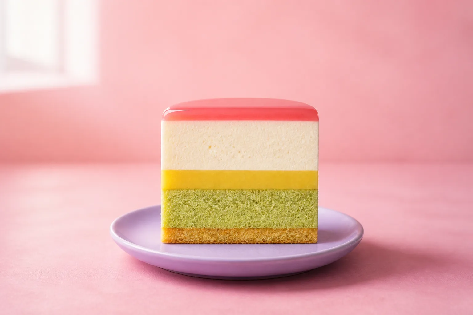 A slice of Strawberry Milk entremets, side on: pink glaze, white mousse, lemon crémeux, pistachio sponge and a golden sablé base.